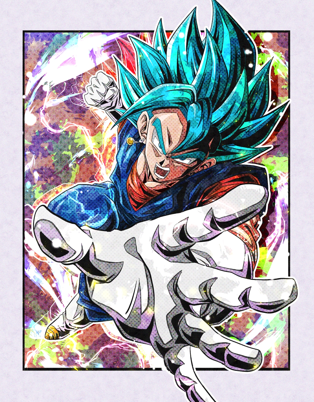 1boy angry arm_up blue_eyes blue_hair blue_pants boots border commentary_request dougi dragon_ball dragon_ball_super earrings electricity energy gloves highres incoming_attack jewelry looking_at_viewer male_focus multicolored_background muscular muscular_male open_mouth orange_shirt outside_border outstretched_arm pants polka_dot polka_dot_background potara_earrings raised_fist round_teeth shirt simple_background solo spiky_hair super_saiyan super_saiyan_blue teeth tongue ushi_(akabec0) v-shaped_eyebrows vegetto white_border white_footwear white_gloves