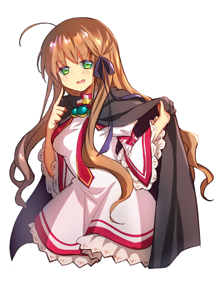 1girl ahoge aqua_gemstone black_cape black_ribbon blush breasts brown_hair cape chinese_commentary commentary cosplay cowboy_shot crossed_bangs dress eyes_visible_through_hair frilled_dress frilled_sleeves frills green_eyes hair_between_eyes hair_ribbon hair_spread_out hands_up holding holding_cape holding_clothes index_finger_raised kanbe_kotori kazamatsuri_institute_high_school_uniform lliissaawwuu2 long_hair long_sleeves looking_at_viewer medium_breasts open_mouth pink_dress red_ribbon rewrite ribbon school_uniform senri_akane senri_akane_(cosplay) sidelocks simple_background smile smug solo standing v-shaped_eyebrows very_long_hair wavy_hair white_background wide_sleeves