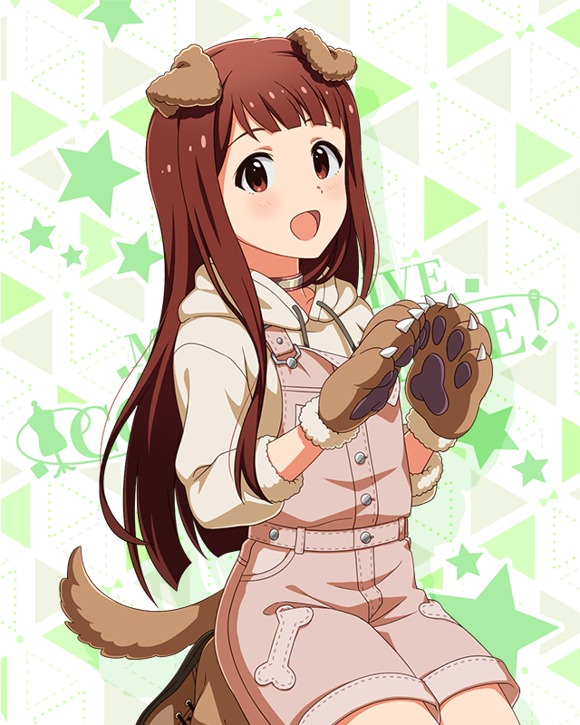 1girl animal_ears blunt_bangs dog_ears dog_tail gloves hood hoodie idolmaster idolmaster_million_live! idolmaster_million_live!_theater_days long_hair official_art open_mouth overalls pink_overalls red_eyes redhead simple_background smile solo tail tanaka_kotoha white_hoodie
