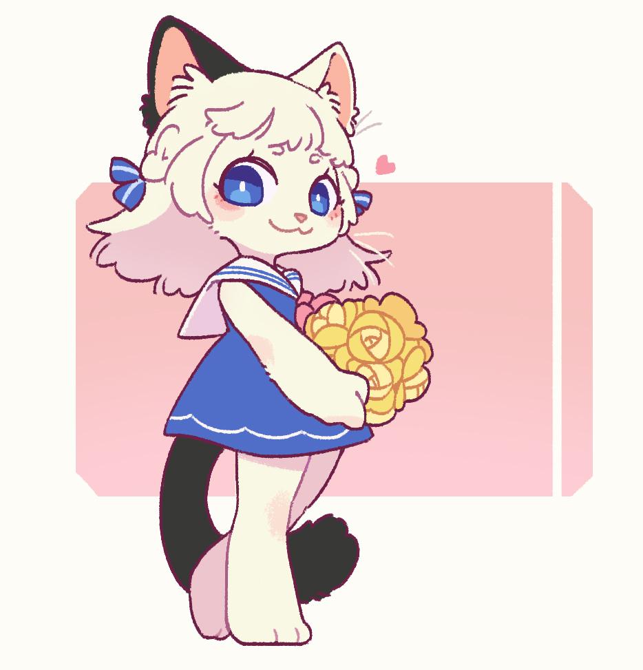 1girl :3 animal_ears black_tail blue_dress blue_eyes blush bouquet cat_ears cat_girl cat_tail dress flower from_side full_body furry furry_female heart holding holding_bouquet hua_hua_de_meme long_hair looking_at_viewer looking_to_the_side original pink_background sailor_collar short_eyebrows sleeveless sleeveless_dress solo standing tail two-tone_background white_background white_fur white_hair white_sailor_collar yellow_flower