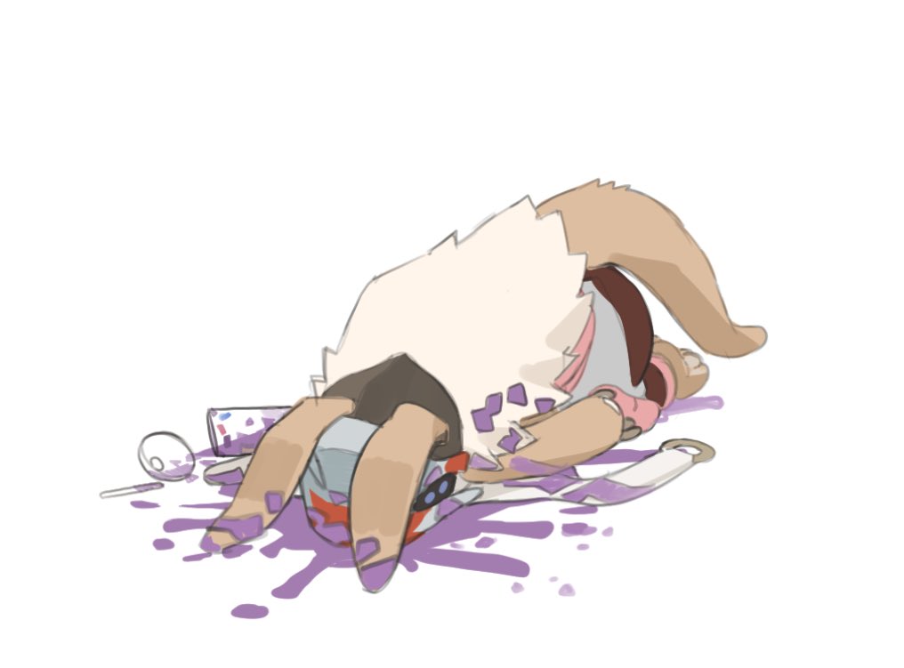 1other androgynous brown_fur commentary cup disposable_cup drinking_straw ears_through_headwear face_down fake_horns full_body furry grimace_shake_(meme) helmet horned_helmet horns knifedragon lying made_in_abyss meme milkshake nanachi_(made_in_abyss) other_focus purple_liquid simple_background solo spill tail white_background white_hair
