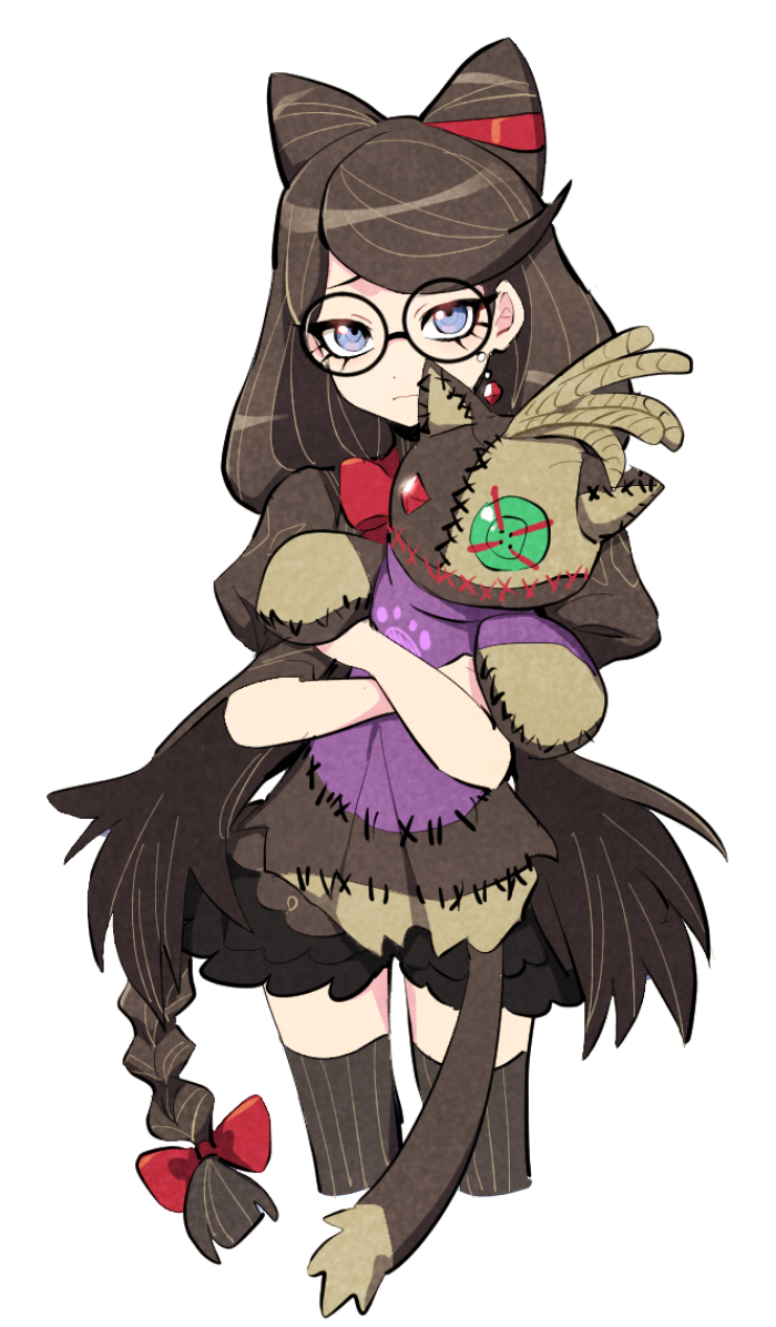 1girl bayonetta_(series) bayonetta_origins:_cereza_and_the_lost_demon black-framed_eyewear black_hair blue_eyes button_eyes cereza commentary cone_hair_bun cowboy_shot cropped_legs dede_(qwea_00000) doll glasses hair_bun holding holding_doll holding_stuffed_toy looking_at_viewer simple_background solo striped striped_thighhighs stuffed_toy symbol-only_commentary thigh-highs white_background