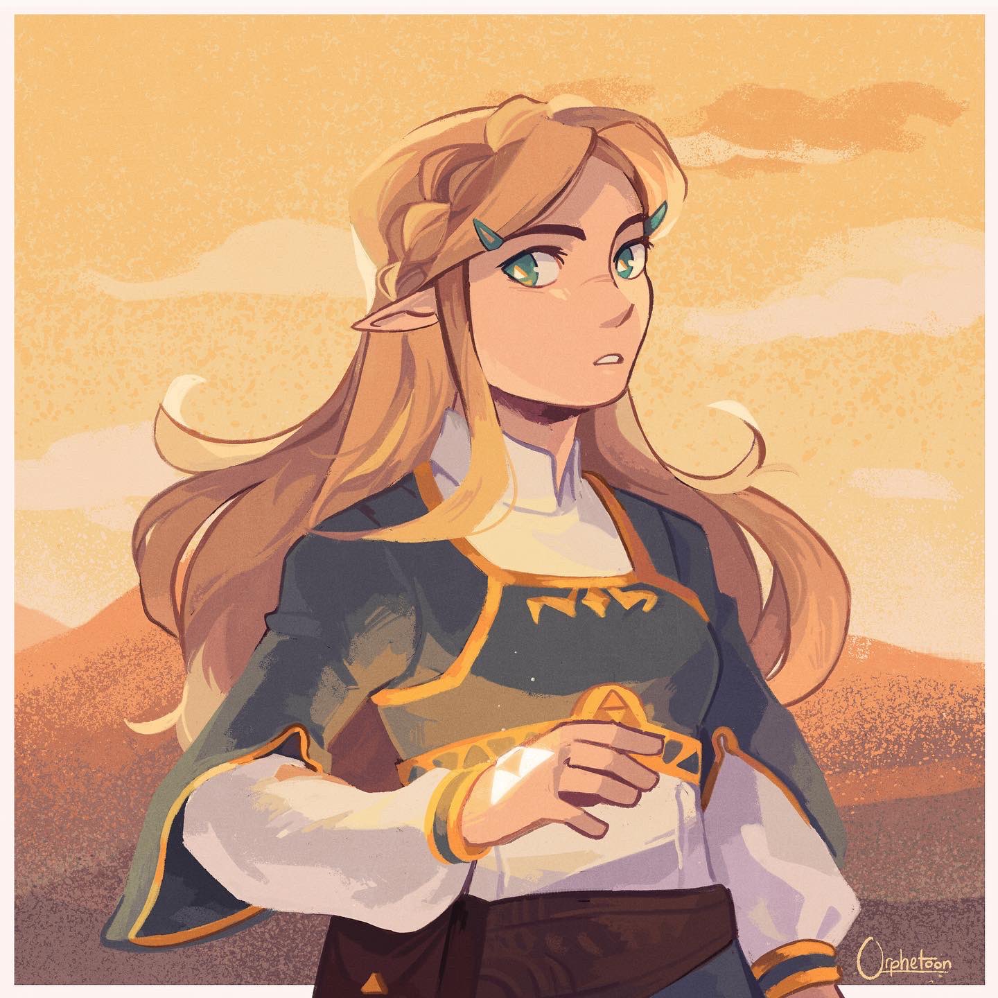 1girl blonde_hair blue_eyes blue_tunic clouds cloudy_sky highres long_hair long_sleeves looking_at_viewer orphetoon pointy_ears princess_zelda puffy_long_sleeves puffy_sleeves sky standing sunset the_legend_of_zelda the_legend_of_zelda:_breath_of_the_wild triforce