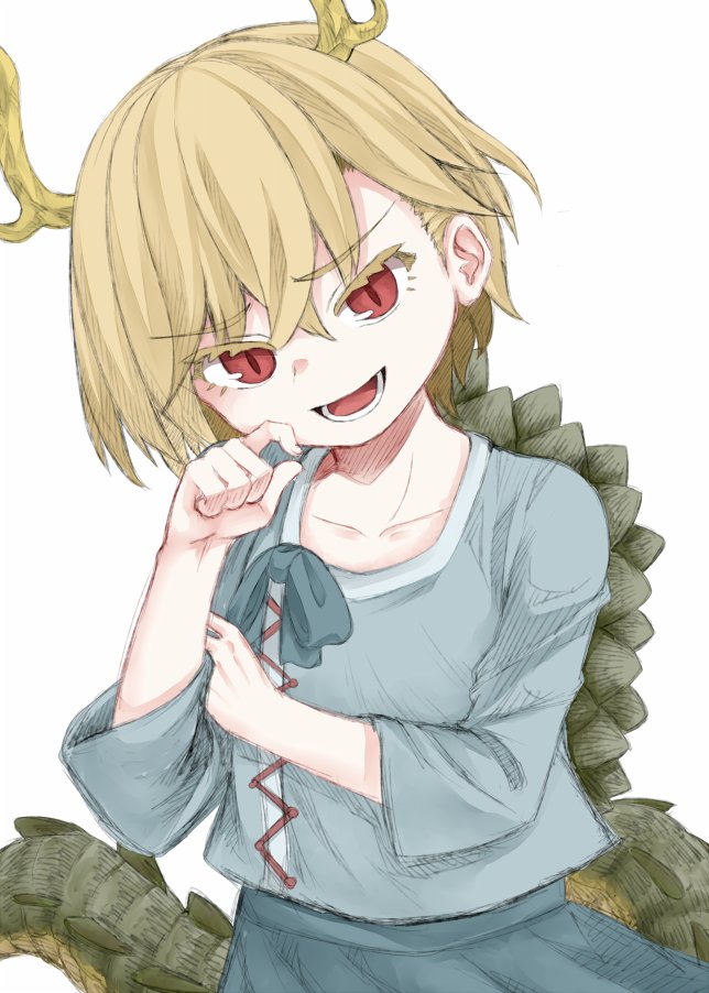 1girl aqua_shirt blonde_hair collarbone dragon_horns dragon_tail green_skirt horns kicchou_yachie long_sleeves looking_at_viewer open_mouth red_eyes shirt short_hair simple_background skirt smirk solo tail touhou turtle_shell upper_body white_background yellow_horns zetsumame