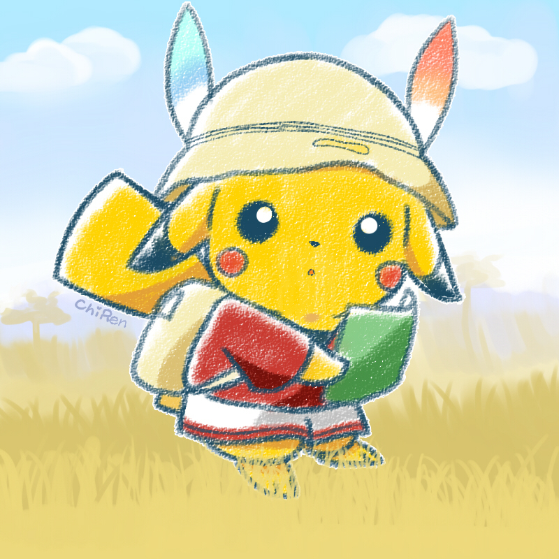 backpack bag black_eyes blue_sky bright_pupils brown_bag chiren_(kc_chen) clouds cosplay grass hat_feather holding holding_map kaban_(kemono_friends) kaban_(kemono_friends)_(cosplay) kemono_friends map open_mouth outdoors pikachu pokemon red_shirt shirt shorts sky solo white_pupils white_shorts