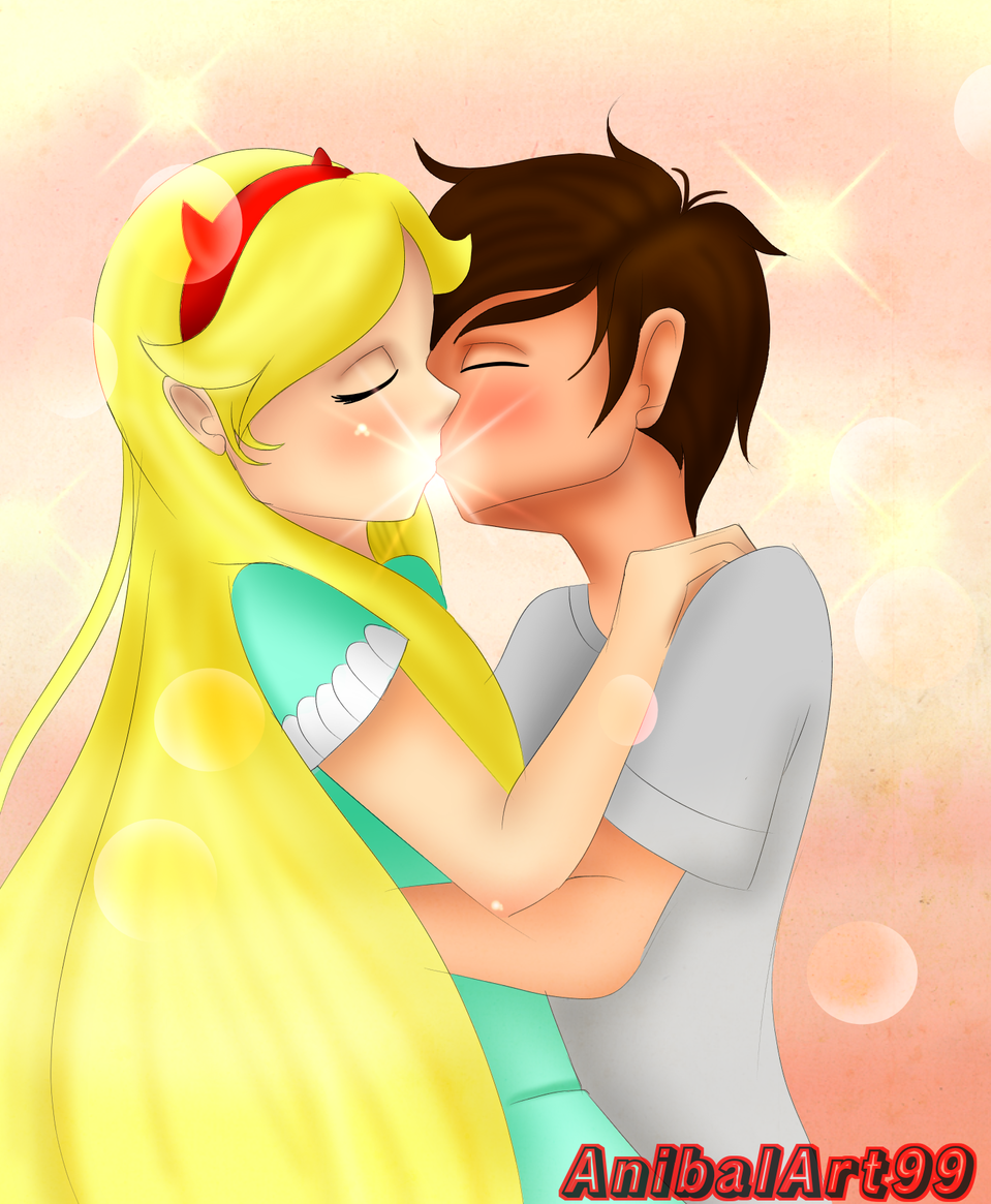 1boy 1girl blonde_hair brown_hair couple female horns kiss male marco_diaz star_butterfly star_vs_the_forces_of_evil