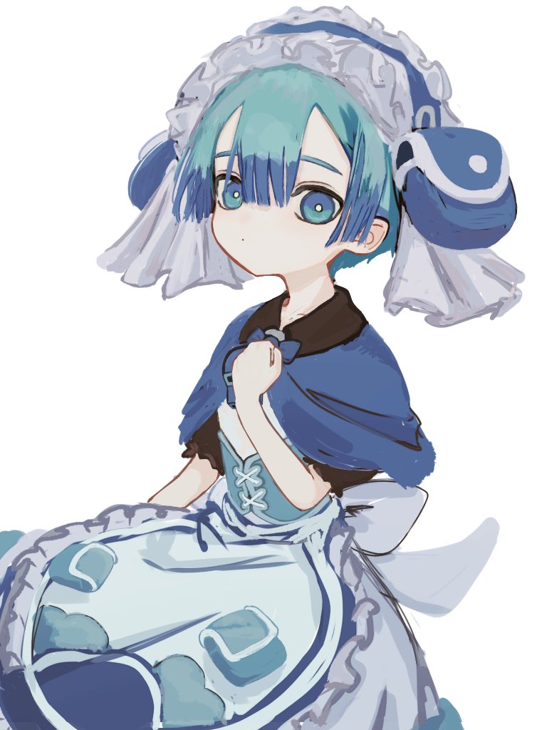 1boy apron aqua_hair blue_capelet blue_eyes blue_hairband bright_pupils capelet clenched_hand closed_mouth commentary_request corset dot_mouth dress frilled_apron frilled_hairband frilled_sleeves frills hairband hand_on_own_chest hand_up kegen_(_kegen) made_in_abyss male_focus maruruk no_nose otoko_no_ko pouch puffy_short_sleeves puffy_sleeves short_hair short_sleeves simple_background solo waist_apron white_background white_dress white_pupils