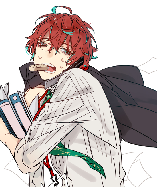 1boy aqua_hair bags_under_eyes commentary_request food_in_mouth hagiwara_daisuke hair_between_eyes holding hypnosis_mic id_card kannonzaka_doppo lanyard long_sleeves male_focus multicolored_hair necktie open_mouth paper redhead short_hair solo streaked_hair sweat talking_on_phone teeth two-tone_hair upper_body white_background