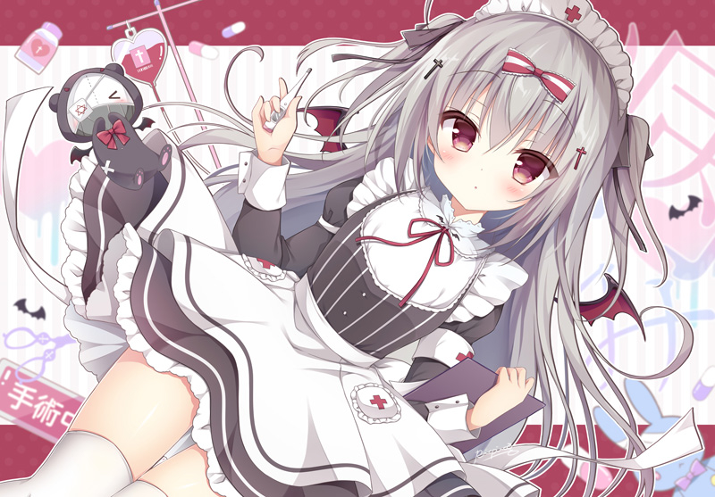 &gt;_&lt; 1girl :o apron bat_wings black_dress blush bottle bow clipboard commentary_request dress dutch_angle eyepatch frilled_dress frills grey_hair hands_up holding intravenous_drip juliet_sleeves long_hair long_sleeves looking_at_viewer maid_headdress medical_eyepatch mini_wings neck_ribbon original parted_lips picpicgram pill puffy_sleeves red_bow red_eyes red_ribbon red_wings ribbon solo striped striped_dress thermometer thigh-highs two_side_up vertical-striped_dress vertical_stripes very_long_hair white_apron white_thighhighs wings