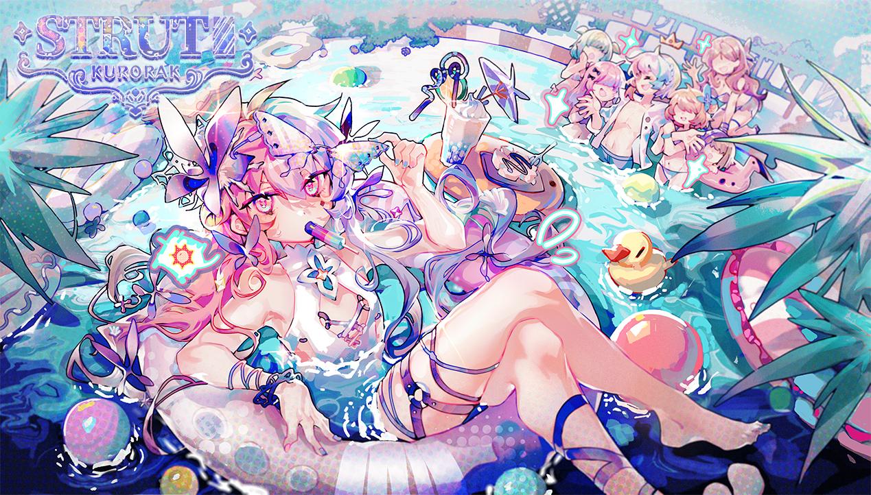 1boy 6+girls butterfly_hair_ornament crossed_legs curly_hair cytoid eating fisheye food food_in_mouth hair_ornament halftone long_hair lying multiple_girls on_back one-piece_swimsuit pink_eyes pink_hair pink_innertube pool popsicle popsicle_in_mouth rubber_duck solo_focus swimsuit white_one-piece_swimsuit yizhi_yishi