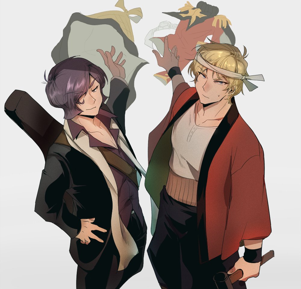 2boys belt black_pants blonde_hair blue_eyes char's_daily_life char_aznable closed_mouth clothes coat collarbone collared_shirt epaulettes garma_zabi guitar_case gundam hair_over_one_eye hand_on_own_hip haori headband holding holding_mallet instrument_case instrument_on_back jacket japanese_clothes kade_punch kesa long_sleeves looking_at_viewer male_focus mallet military_uniform mobile_suit_gundam multiple_boys open_clothes open_collar open_jacket pants purple_hair purple_shirt red_coat shirt short_hair simple_background smirk stole sweat throwing uniform white_headband white_shirt