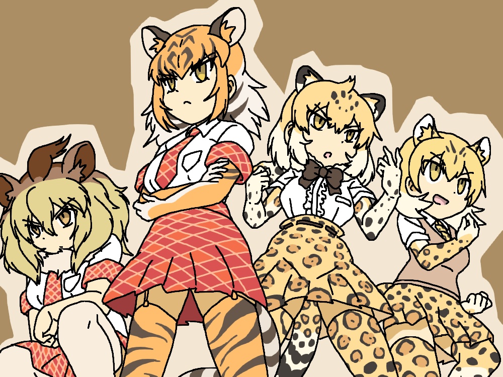 4girls animal_ears animal_print arm_at_side bare_arms big_hair black_hair blonde_hair bow bowtie breast_pocket brown_bow brown_bowtie brown_eyes brown_hair center_frills chibi closed_mouth collared_shirt colored_inner_hair extra_ears feet_out_of_frame fighting_stance frills from_below fur_scarf garter_straps gloves hair_between_eyes hands_up high-waist_skirt jaguar_(kemono_friends) jaguar_ears jaguar_girl jaguar_print jaguar_tail kemono_friends legs_apart leopard_(kemono_friends) leopard_ears leopard_print leopard_tail lion_(kemono_friends) lion_ears medium_hair miniskirt multicolored_hair multiple_girls necktie open_mouth orange_hair parted_bangs parted_lips plaid plaid_necktie plaid_skirt plaid_sleeves pocket print_gloves print_necktie print_thighhighs scarf serious shirt short_sleeves skirt squatting srd_(srdsrd01) standing streaked_hair sweater_vest tail thigh-highs tiger_(kemono_friends) tiger_ears tiger_girl tiger_print tiger_tail two-tone_hair v-shaped_eyebrows white_shirt yellow_eyes zettai_ryouiki