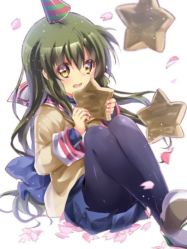 1girl black_pantyhose blue_bow blue_skirt blurry blush bow chinese_commentary clannad commentary_request crossed_legs depth_of_field eyelashes eyes_visible_through_hair falling_petals floating_hair green_eyes hair_between_eyes hair_bow hat holding ibuki_fuuko jacket knees_up light_particles lliissaawwuu2 long_hair long_sleeves looking_afar miniskirt open_mouth pantyhose party_hat petals pleated_skirt sailor_collar sidelocks simple_background sitting skirt solo starfish thighs very_long_hair white_background white_sailor_collar yellow_eyes yellow_jacket
