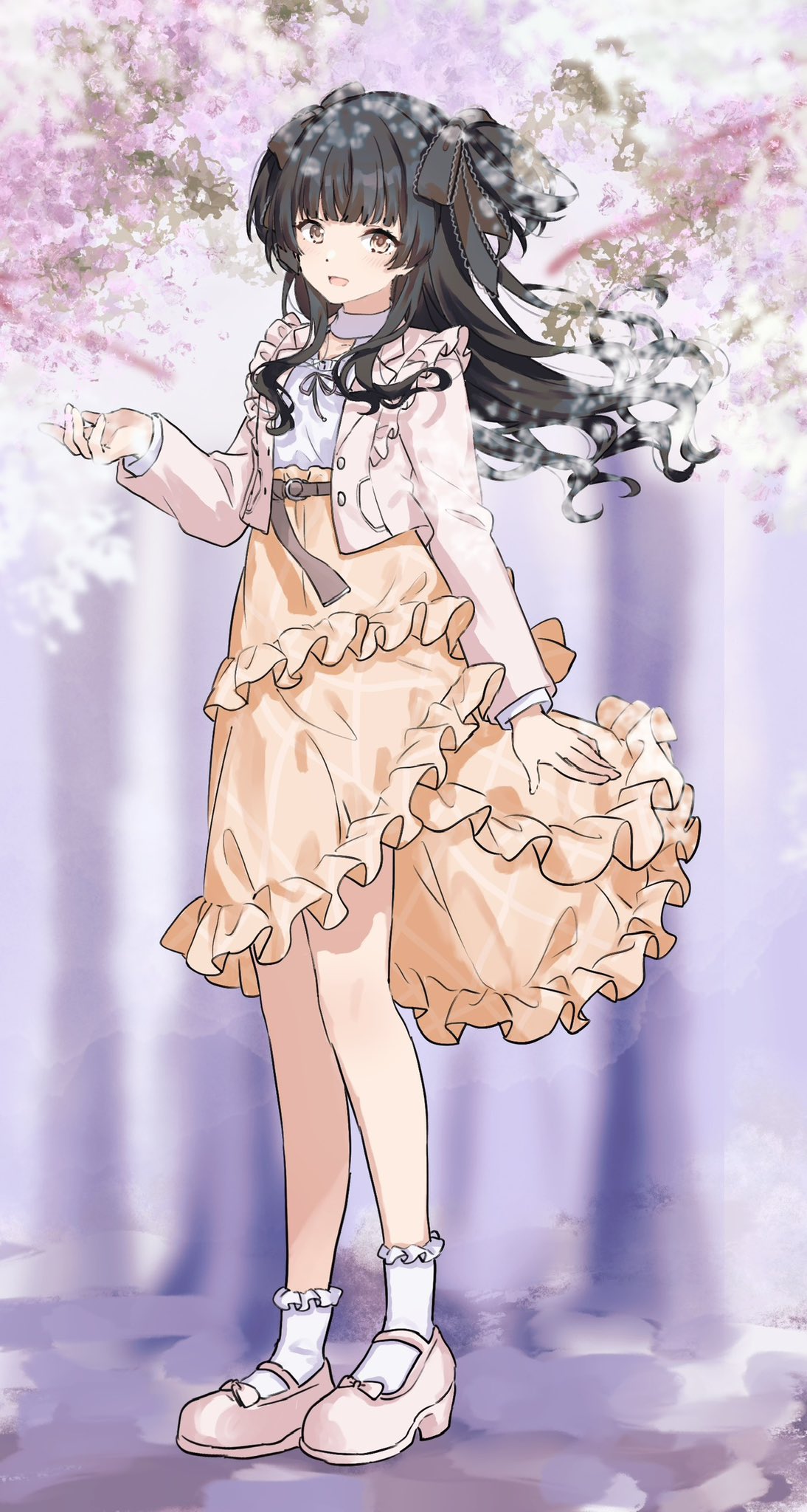 1girl black_hair black_ribbon blurry blurry_foreground blush bow brown_eyes cropped_jacket floating_hair frilled_jacket frilled_skirt frilled_socks frills full_body hair_bow hair_ribbon highres idolmaster idolmaster_shiny_colors jacket long_hair long_sleeves looking_at_viewer mayuzumi_fuyuko migolu open_clothes open_jacket open_mouth pink_jacket ribbon shirt sidelocks skirt socks solo standing two_side_up white_shirt white_socks yellow_skirt