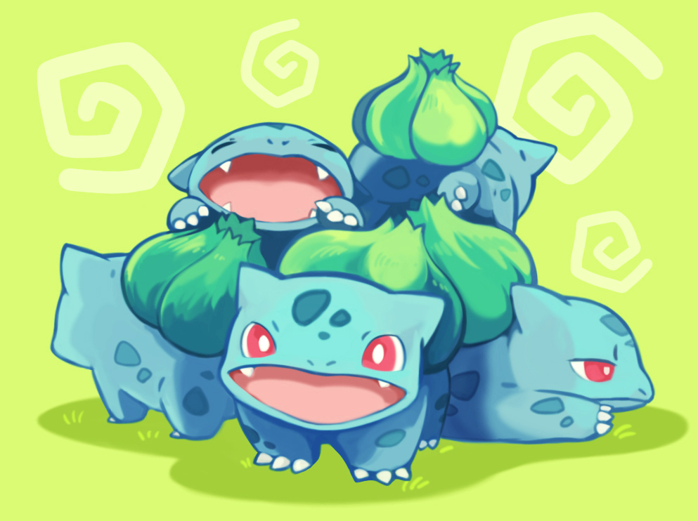 animal_focus bright_pupils bulbasaur claws closed_mouth fangs green_background nostrils open_mouth pile pokemon pokemon_(creature) red_eyes shadow simple_background spiral uninori white_pupils yawning