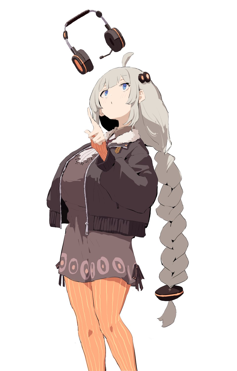 1girl ahoge arm_up blue_eyes blunt_bangs braid braided_ponytail breasts commentary_request copyright_request feet_out_of_frame grey_hair headphones headphones_removed highres huge_breasts jacket long_hair looking_up orange_pantyhose pantyhose simple_background skirt solo torso_(hjk098) white_background