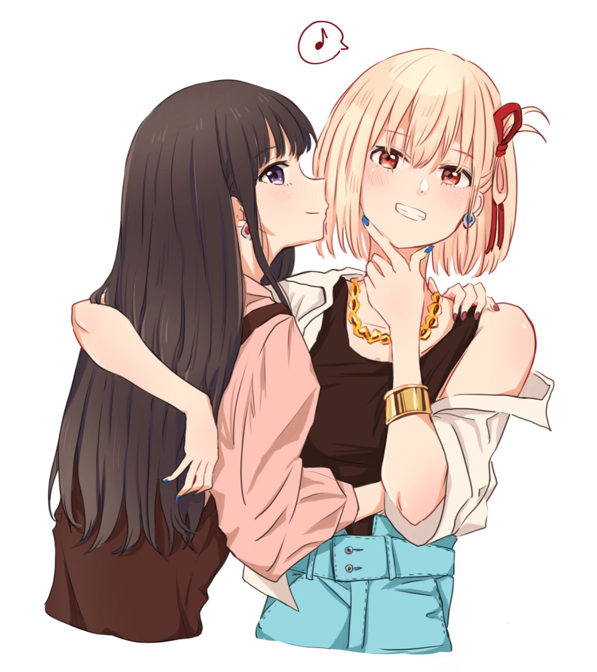 2girls bare_shoulders black_hair black_tank_top blue_nails blush bob_cut bracelet brown_vest clenched_teeth collarbone commentary_request cropped_torso earrings futaba_(rei-futaba) gold_necklace hair_between_eyes hair_ribbon hand_on_another's_shoulder head_tilt highres hug inoue_takina jewelry long_hair long_sleeves looking_at_viewer looking_back lycoris_recoil multiple_girls musical_note nail_polish necklace nishikigi_chisato one_side_up open_clothes open_mouth open_shirt pink_shirt puffy_sleeves red_eyes red_nails red_ribbon ribbon shirt short_hair sidelocks simple_background single_bare_shoulder single_off_shoulder smile spoken_musical_note tank_top teeth vest violet_eyes white_background white_shirt yuri