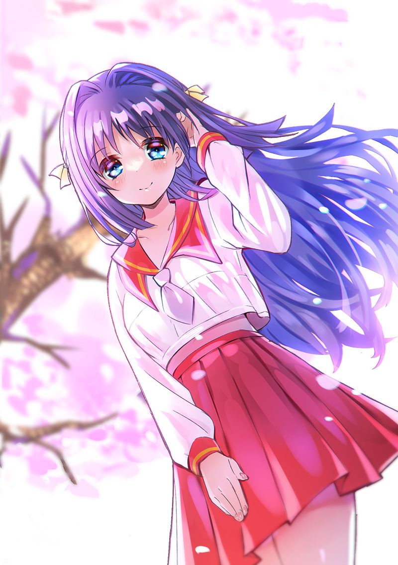 1girl adjusting_hair alternate_costume arm_at_side arm_up blue_eyes blue_hair blurry blurry_background blush cherry_blossoms chinese_commentary closed_mouth commentary_request cosplay cowboy_shot day depth_of_field doukyuusei eyelashes falling_petals fingernails floating_hair hair_between_eyes hair_intakes hair_ribbon kanon lliissaawwuu2 long_hair long_sleeves looking_at_viewer minase_nayuki necktie outdoors partial_commentary petals pleated_skirt red_sailor_collar red_skirt ribbon sailor_collar sakuragi_mai sakuragi_mai_(cosplay) school_uniform serafuku shirt short_necktie simple_background skirt smile solo standing very_long_hair white_background white_necktie white_shirt yellow_ribbon