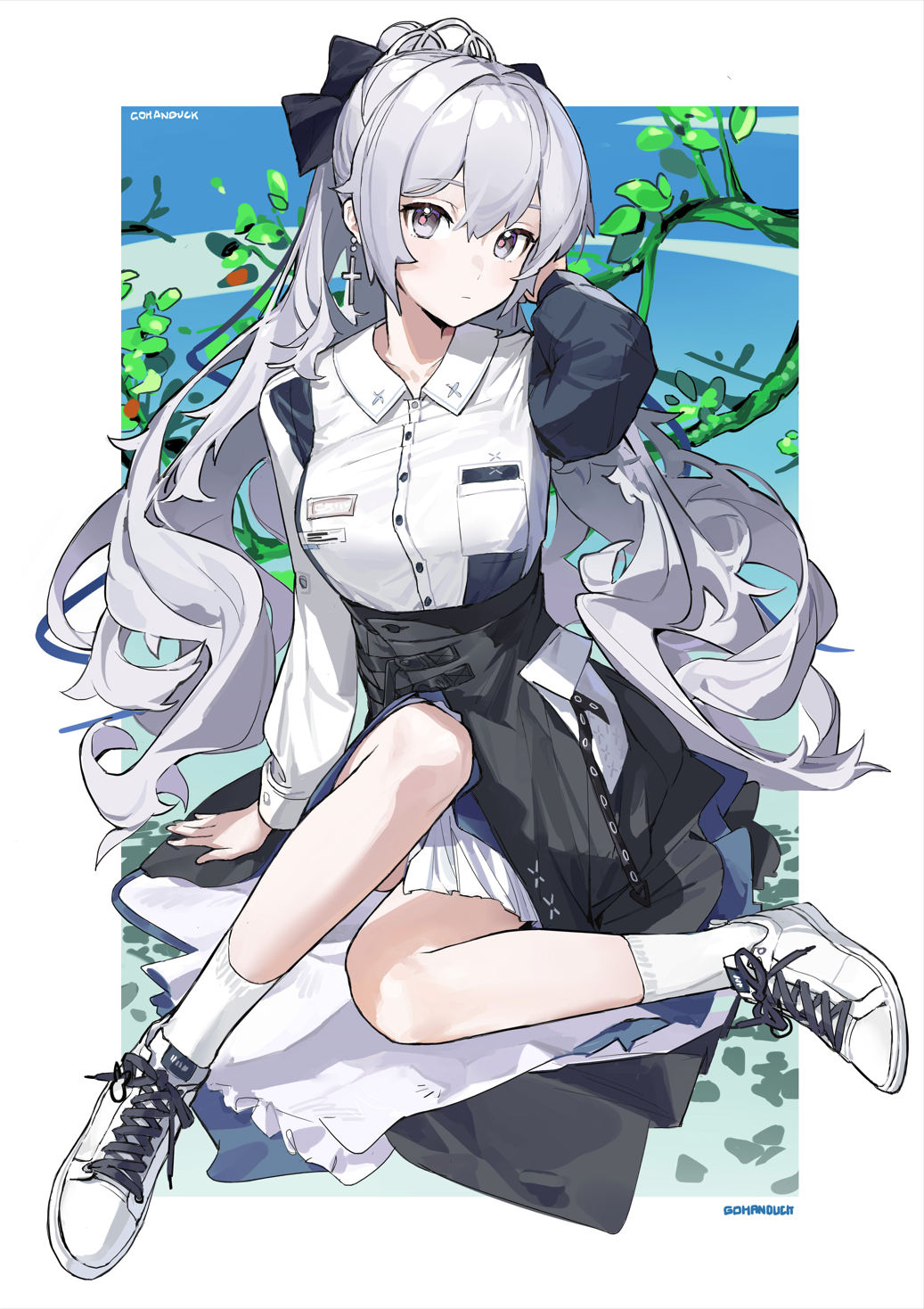 1girl alternate_costume arm_support artist_name black_headwear border breasts bronya_zaychik bronya_zaychik_(silverwing:_n-ex) buttons commentary_request cross drill_hair earrings expressionless gohanduck grey_eyes grey_hair highres honkai_(series) honkai_impact_3rd jewelry large_breasts long_hair long_sleeves looking_at_viewer outside_border revision shirt sitting solo white_border white_footwear white_shirt