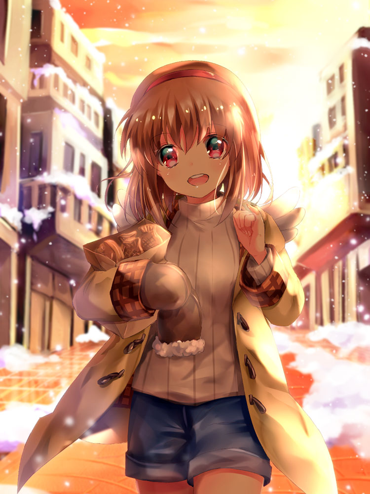1girl :d angel_wings backlighting bag bloom blue_shorts blurry blurry_background blush brown_gloves brown_hair chinese_commentary city coat commentary_request cowboy_shot food fur-trimmed_gloves fur_trim gloves gloves_removed hair_between_eyes hairband hand_up happy holding holding_bag kanon lliissaawwuu2 looking_at_viewer medium_hair mittens open_clothes open_coat open_mouth outdoors perspective pinky_out red_eyes red_hairband ribbed_sweater round_teeth shorts smile snowing solo standing straight-on straight_hair sunset sweater taiyaki teeth tsukimiya_ayu upper_teeth_only wagashi white_fur white_sweater white_wings wings yellow_coat