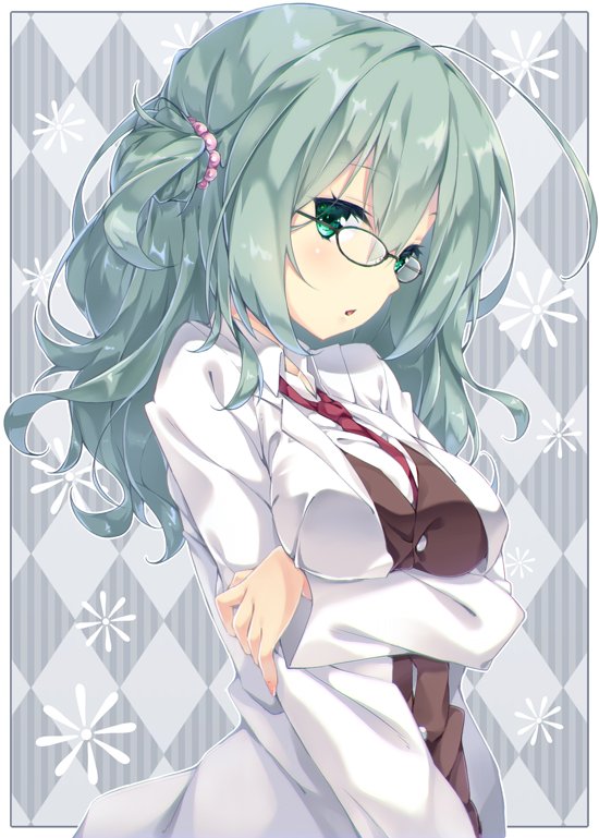 1girl ahoge akishisu_(air_balance) aqua_hair arm_under_breasts beads black-framed_eyewear breast_hold breasts brown_vest checkered_background coat commentary eyelashes from_side glasses grabbing_own_arm green_eyes grey_background hair_beads hair_between_eyes hair_ornament lab_coat large_breasts light_blush long_hair long_sleeves looking_at_viewer necktie nose one_side_up open_clothes open_coat parted_lips red_necktie riddle_joker school_uniform shikibe_mayu simple_background solo upper_body vest wavy_hair
