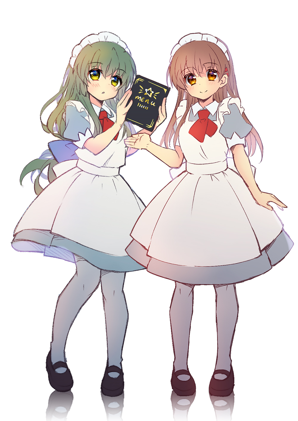 2girls aged_up alternate_costume apron arm_at_side back_bow black_footwear blue_bow blush bow brown_eyes brown_hair clannad closed_mouth commentary enmaided eyes_visible_through_hair frilled_apron frills full_body green_hair hair_between_eyes hair_ornament hairclip hand_up highres holding holding_menu ibuki_fuuko lliissaawwuu2 long_hair looking_at_viewer maid maid_apron maid_headdress mary_janes menu multiple_girls necktie okazaki_ushio pantyhose parted_lips puffy_short_sleeves puffy_sleeves red_necktie shoes short_necktie short_sleeves sidelocks simple_background smile standing star_(symbol) straight-on straight_hair white_apron white_background white_bow white_pantyhose yellow_eyes