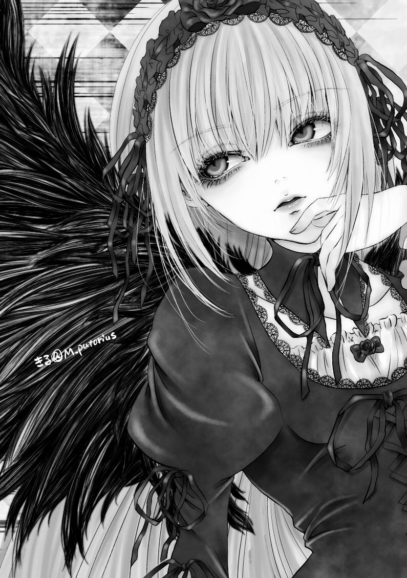 1girl commentary_request dress expressionless feathered_wings gothic_lolita greyscale hairband juliet_sleeves kiru_(m_putorius) lolita_fashion lolita_hairband long_hair long_sleeves looking_to_the_side monochrome parted_lips puffy_sleeves rozen_maiden solo suigintou upper_body wings