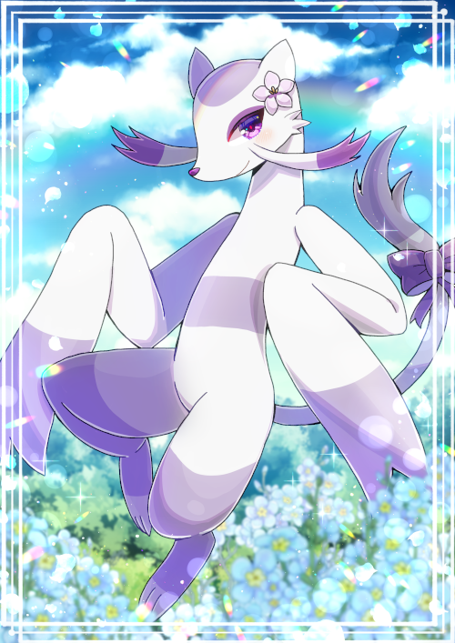 blue_flower blue_sky blurry blurry_background bow closed_mouth clouds cloudy_sky commentary_request commission day depth_of_field flower furry kou_hiyoyo looking_at_viewer mienshao no_humans outdoors pink_flower pokemon pokemon_(creature) purple_bow skeb_commission sky smile solo tail tail_bow tail_ornament violet_eyes