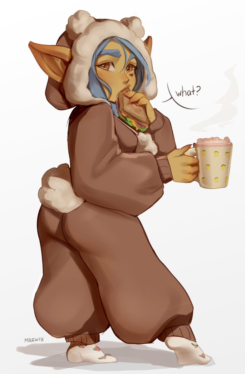 1girl artist_name blue_hair brown_eyes colored_skin commentary cup eating english_text facial_mark female_goblin food food_in_mouth full_body fur-trimmed_hood fur_trim goblin green_skin heart heart_facial_mark holding holding_cup hood hood_up large_ears long_sleeves maewix_(artist) marshmallow mug original pointy_ears rissma_(maewix) sandwiched socks solo standing steam symbol-only_commentary tail thick_eyebrows