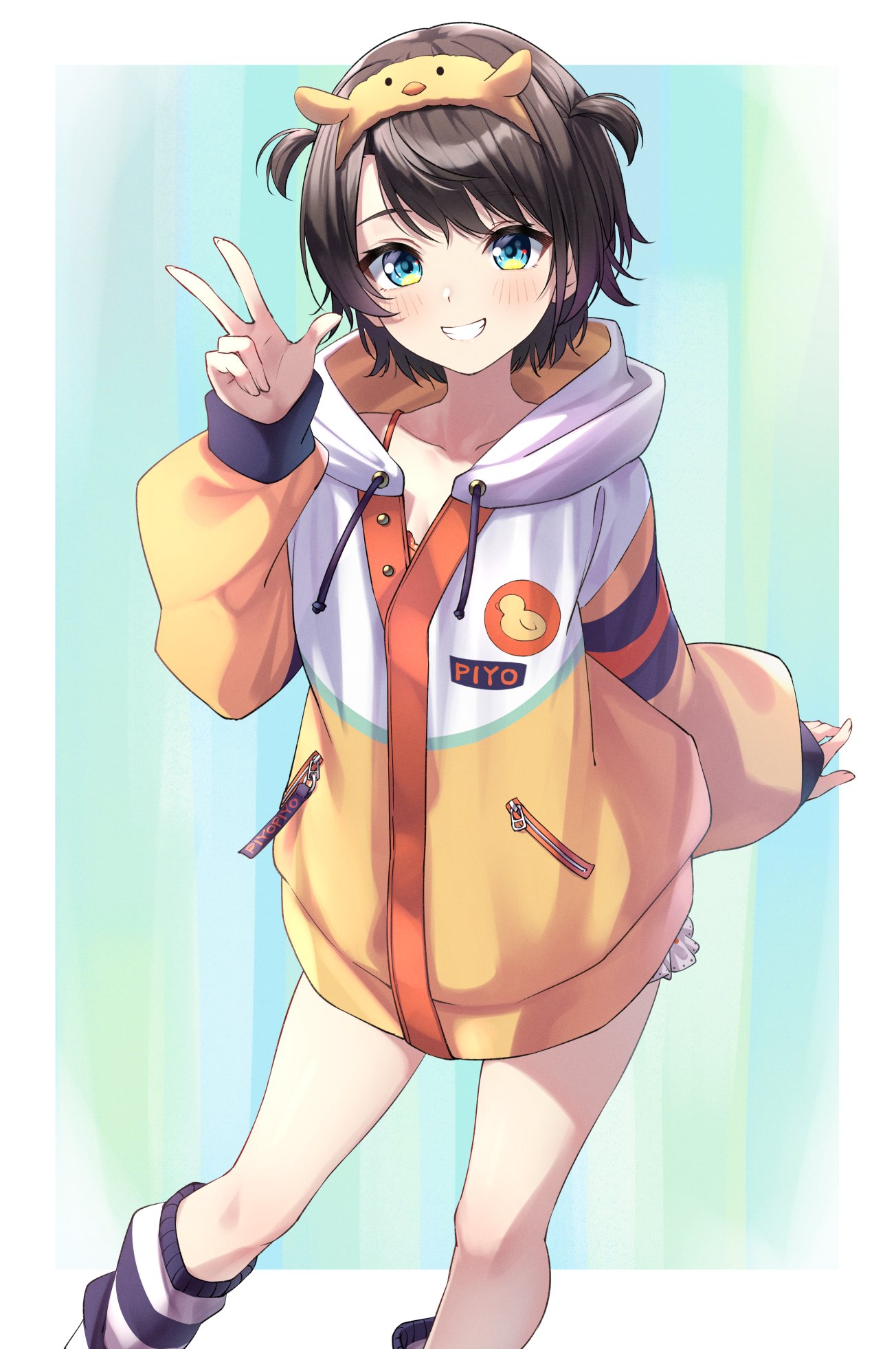 1girl black_socks bloomers blue_eyes blush bra bra_peek brown_hair grin hairband highres hololive hood hooded_jacket jacket looking_at_viewer loose_socks loungewear multicolored_clothes multicolored_jacket official_alternate_costume official_alternate_hairstyle oozora_subaru oozora_subaru_(7th_costume) orange_bra polka_dot polka_dot_bloomers short_hair smile socks solo striped striped_socks swept_bangs tsurupy two_side_up underwear v virtual_youtuber white_bloomers white_jacket yellow_hairband yellow_jacket