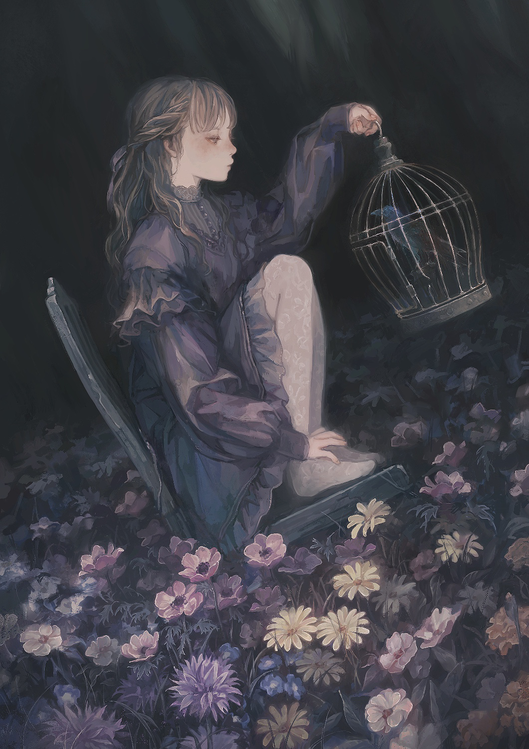 1girl bird birdcage blunt_bangs braid brown_eyes brown_hair buttons cage chair commentary crow daisy dress dutch_angle expressionless field flower flower_field frilled_dress frilled_sleeves frills from_side full_body grass hair_ribbon half-closed_eyes half_updo hand_on_own_foot hand_up highres holding holding_cage hotatenshi lace lace_pantyhose leaf long_hair looking_down meadow on_chair on_grass original outdoors pantyhose pink_flower profile purple_dress purple_flower ribbon single_braid solo squatting wavy_hair white_pantyhose yellow_flower