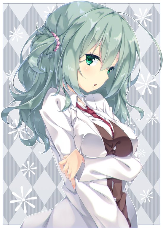 1girl ahoge akishisu_(air_balance) aqua_hair arm_under_breasts beads breast_hold breasts brown_vest checkered_background coat commentary eyelashes from_side grabbing_own_arm green_eyes grey_background hair_beads hair_between_eyes hair_ornament lab_coat large_breasts light_blush long_hair long_sleeves looking_at_viewer necktie nose one_side_up open_clothes open_coat parted_lips red_necktie riddle_joker school_uniform shikibe_mayu simple_background solo upper_body vest wavy_hair