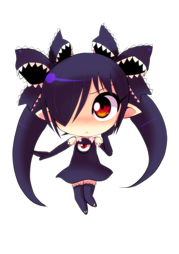 1girl :&lt; backbeako backbeard black_dress black_gloves black_hair black_thighhighs blush chibi commentary_request dress elbow_gloves full_body gegege_no_kitarou gloves hair_over_one_eye hair_ribbon hand_on_own_cheek hand_on_own_face long_hair looking_at_viewer original partial_commentary pointy_ears red_eyes ribbon ringed_eyes simple_background sleeveless sleeveless_dress solo straight-on thigh-highs torotei twintails v-shaped_eyebrows very_long_hair white_background