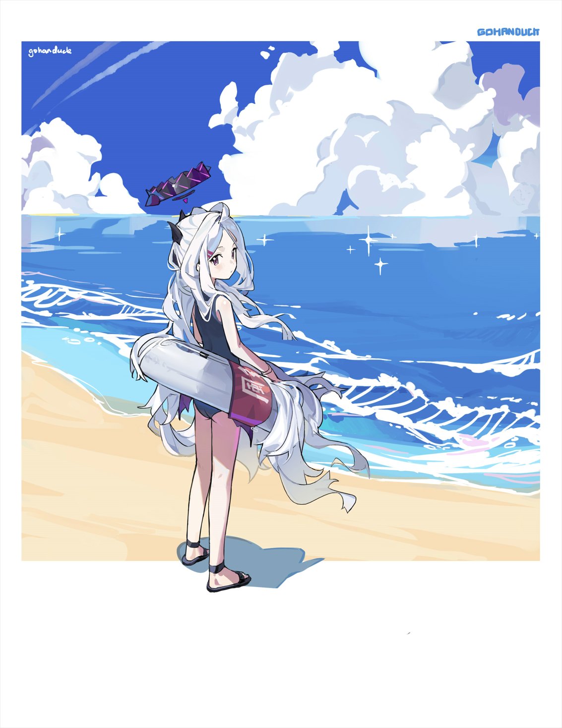 1girl artist_name bare_legs bare_shoulders beach blue_archive blue_one-piece_swimsuit blue_sky closed_mouth clouds day expressionless from_behind gohanduck halo highres hina_(blue_archive) hina_(swimsuit)_(blue_archive) horizon horns innertube long_hair looking_at_viewer looking_back ocean official_alternate_costume one-piece_swimsuit outdoors sandals sky solo sparkle standing swimsuit very_long_hair violet_eyes water white_hair