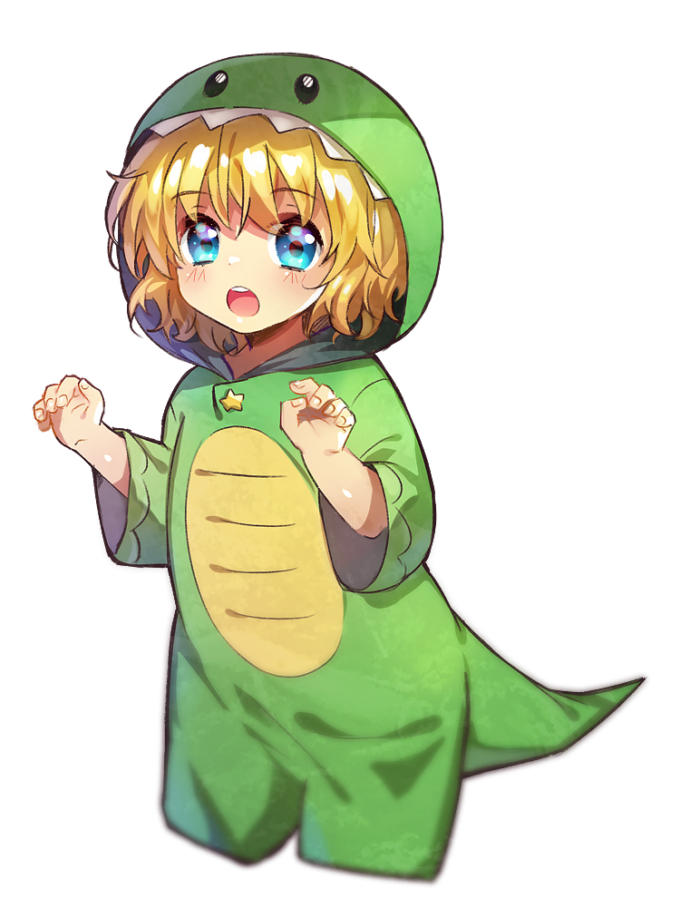 1girl :o aged_down air_(visual_novel) blonde_hair blue_eyes blush commentary cosplay cowboy_shot dinosaur_costume eyes_visible_through_hair female_child fingernails hair_between_eyes hood hood_up kamio_misuzu kigurumi lliissaawwuu2 looking_at_viewer open_mouth paw_pose romaji_commentary round_teeth short_hair simple_background solo standing star_ornament teeth upper_teeth_only white_background