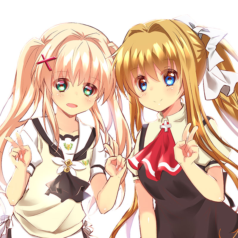 2girls air_(visual_novel) ascot black_ascot black_dress blonde_hair blue_eyes blush chinese_commentary color_connection commentary_request company_connection crossover double_v dress eyes_visible_through_hair green_eyes hair_between_eyes hair_color_connection hair_intakes hair_ornament hair_ribbon hand_up hands_up kamio_misuzu key_(company) lliissaawwuu2 long_hair looking_at_viewer multiple_girls open_mouth ponytail puffy_short_sleeves puffy_sleeves red_ascot ribbon sailor_collar school_uniform shirt short_sleeves sidelocks simple_background smile straight-on summer_pockets sweater_vest tsumugi_wenders twintails upper_body v very_long_hair vlad_iii_(fate/apocrypha) white_background white_ribbon white_sailor_collar white_shirt x_hair_ornament yellow_sweater_vest
