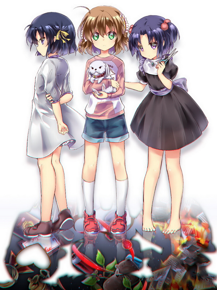 3girls aged_down ahoge animal arm_at_side arm_behind_back barefoot black_dress black_hair blue_hair blunt_ends braid brown_footwear brown_hair chinese_commentary clannad closed_mouth commentary_request company_connection crossover denim denim_shorts dog dress eteru expressionless feet female_child flower frown full_body grabbing_own_arm green_eyes hair_between_eyes hair_bobbles hair_flower hair_ornament hair_ribbon heart holding holding_animal holding_scissors ichinose_kotomi kanbe_kotori key_(company) kurugaya_yuiko little_busters! lliissaawwuu2 long_sleeves looking_at_viewer multiple_girls pink_flower pink_shirt profile puffy_short_sleeves puffy_sleeves purple_hair red_footwear reflective_floor rewrite ribbon scissors shirt shoes short_braid short_hair short_sleeves shorts sideways_glance simple_background sneakers socks standing straight-on toes twin_braids two_side_up wavy_hair white_background white_dress white_socks yellow_ribbon