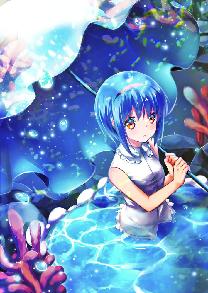 1girl blue_hair blue_theme blush chinese_commentary collar collared_shirt commentary_request coral_reef expressionless frilled_collar frilled_shirt frills hair_between_eyes hairband hands_up holding holding_umbrella light_particles little_busters! lliissaawwuu2 looking_at_viewer nishizono_mio parted_lips partially_submerged red_hairband shirt short_hair sleeveless sleeveless_shirt solo straight_hair umbrella water water_drop white_shirt yellow_eyes