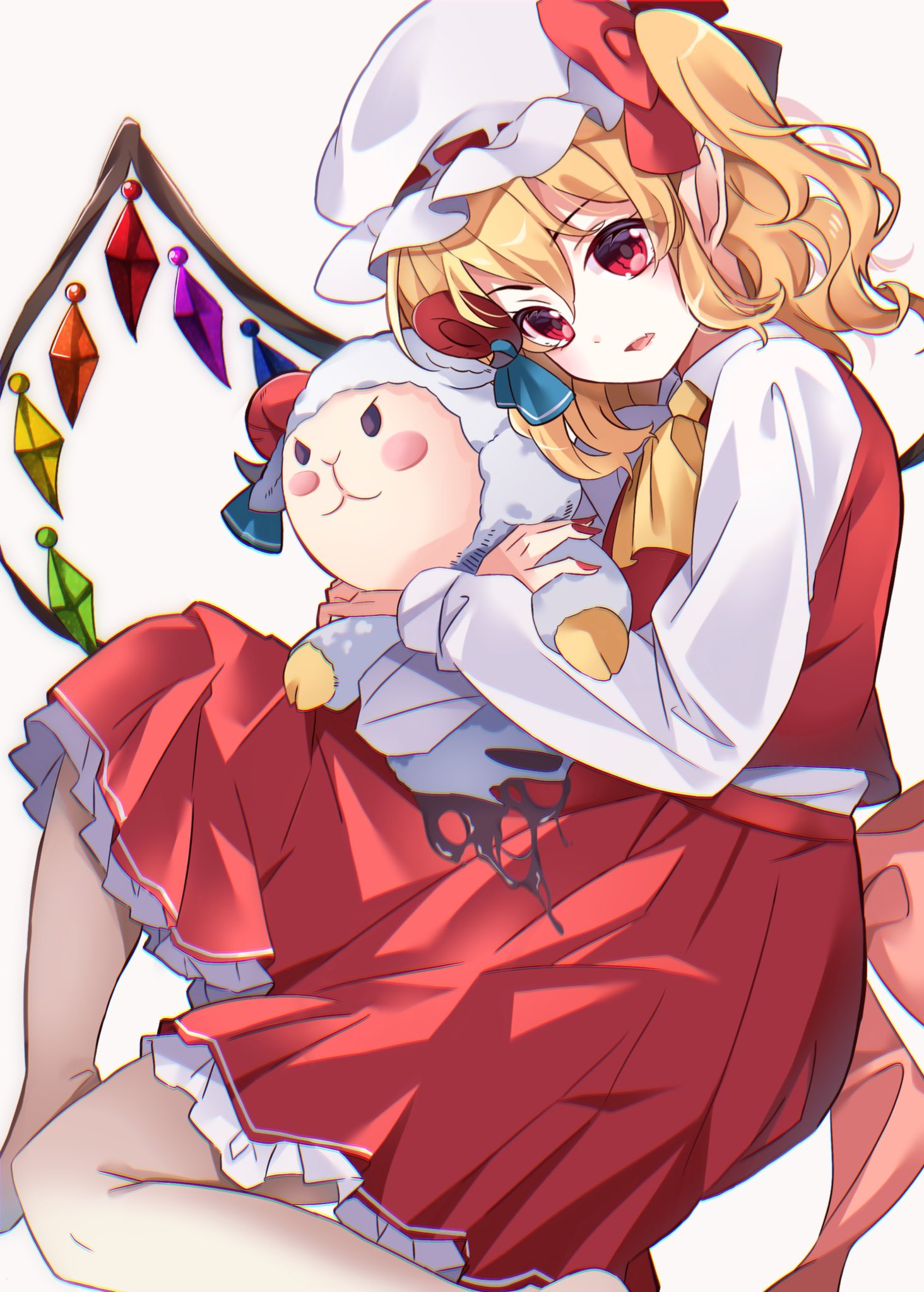 1girl :d ascot bare_legs barefoot blonde_hair bow character_doll commentary_request crystal feet_out_of_frame flandre_scarlet hair_bow highres holding holding_stuffed_toy looking_at_viewer medium_hair meimei_(meimei89008309) nail_polish one_side_up parted_lips pointy_ears red_bow red_eyes red_nails red_skirt red_vest simple_background sitting skirt skirt_set smile solo stuffed_toy touhou toutetsu_yuuma_(sheep) vest white_background wing_collar wings yellow_ascot