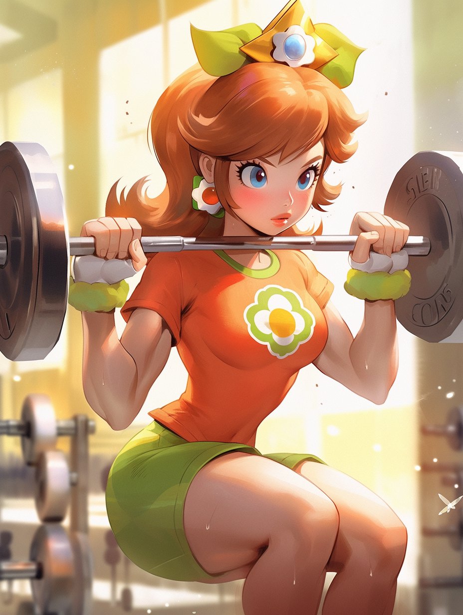 1girl blue_eyes bluestrikezx blush breasts brown_hair daisy dumbbell earrings exercise expressionless fingerless_gloves flower flower_earrings gloves green_shorts gym highres indoors jewelry legs lipstick makeup muscular muscular_female ponytail princess_daisy ribbon short_shorts shorts solo squatting super_mario_bros. thighs weightlifting weights window