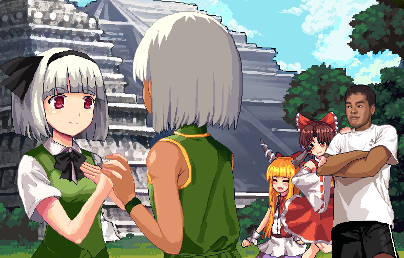 1boy 4girls :3 asatsuki_(cookie) ascot belt benikurage_(cookie) black_bow black_bowtie black_hair black_hairband black_ribbon black_shorts blonde_hair blue_sky blunt_bangs bob_cut bow bowtie brown_eyes brown_hair brown_horns chichen_itza chinese_commentary closed_eyes closed_mouth clouds collared_shirt commentary_request cookie_(touhou) cowboy_shot crossed_arms day detached_sleeves ensei_(hrjpn8440fqg3cq) eska_(cookie) frilled_bow frilled_hair_tubes frilled_skirt frills green_vest hair_bow hair_ribbon hair_tubes hairband hakurei_reimu holding_hands horns ibuki_suika konpaku_youmu long_hair looking_at_another manatsu_no_yo_no_inmu medium_bangs multiple_girls outdoors parted_bangs pixel_art pyramid_(structure) red_bow red_eyes red_shirt red_skirt ribbon ribbon-trimmed_sleeves ribbon_trim shirt short_hair shorts sidelocks skirt skirt_set sky sleeveless sleeveless_shirt smile tan touhou tree very_long_hair vest white_hair white_shirt white_sleeves wide_sleeves wrist_cuffs yajuu_senpai yamin_(cookie) yellow_ascot