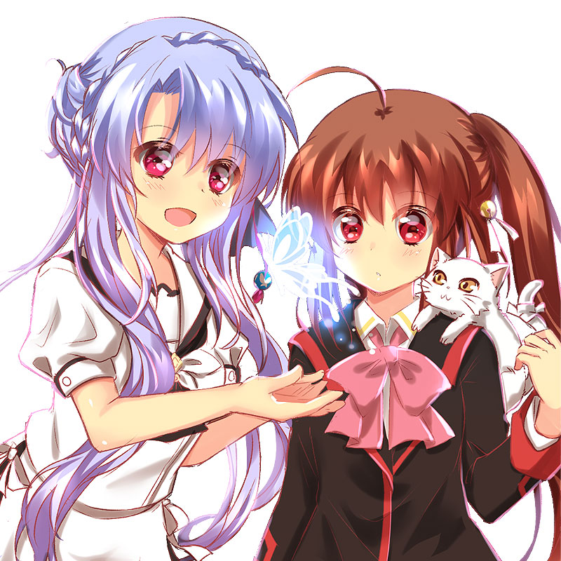 2girls ahoge ascot black_ascot black_jacket blue_butterfly blue_hair blush bow braid brown_hair bug butterfly chinese_commentary collared_shirt commentary_request company_connection crown_braid eyelashes eyes_visible_through_hair hair_between_eyes jacket key_(company) little_busters! lliissaawwuu2 long_hair long_sleeves looking_at_animal looking_at_another multiple_girls natsume_rin own_hands_together parted_lips pink_bow pink_ribbon ponytail puffy_short_sleeves puffy_sleeves red_eyes ribbon sailor_collar school_uniform shirt short_sleeves side-by-side sidelocks simple_background sorakado_ao summer_pockets upper_body very_long_hair wavy_hair white_background white_sailor_collar white_shirt
