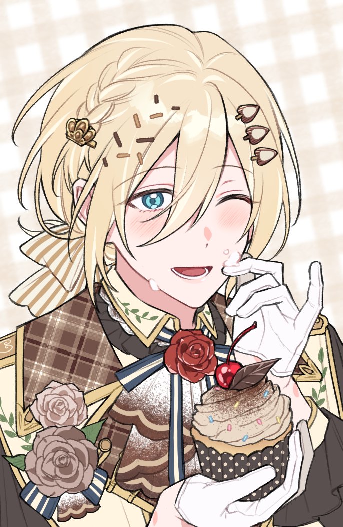 1boy alternate_costume bishounen black_shirt blonde_hair blue_eyes blush bow braid brown_rose cupcake ear_piercing ensemble_stars! flower food gloves holding holding_food light_brown_background long_sleeves looking_at_viewer low_ponytail male_focus multicolored_background one_eye_closed open_mouth piercing pink_flower pink_rose rose shirt smile solo striped striped_bow teeth tenshouin_eichi vest white_background white_gloves white_vest xpstydlsrkddlcl