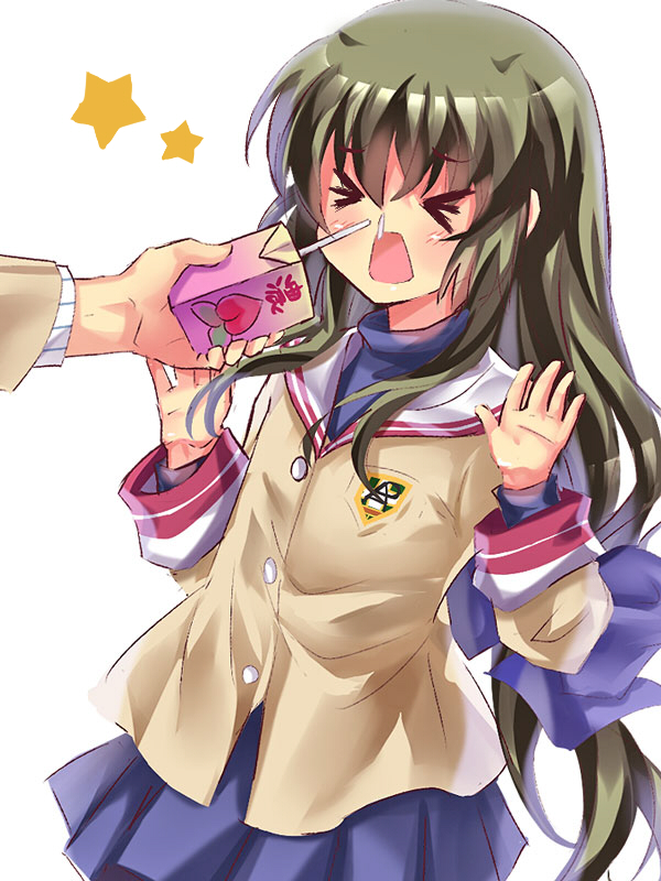 &gt;_&lt; 1girl 1other blue_bow blue_skirt blush bow chinese_commentary clannad commentary_request cowboy_shot drinking_straw green_hair hair_between_eyes hair_bow hands_up holding_carton ibuki_fuuko jacket lliissaawwuu2 long_hair long_sleeves miniskirt open_hands open_mouth pleated_skirt prank rectangular_mouth sailor_collar school_uniform sidelocks skirt solo_focus standing star_(symbol) surprised very_long_hair white_sailor_collar yellow_jacket