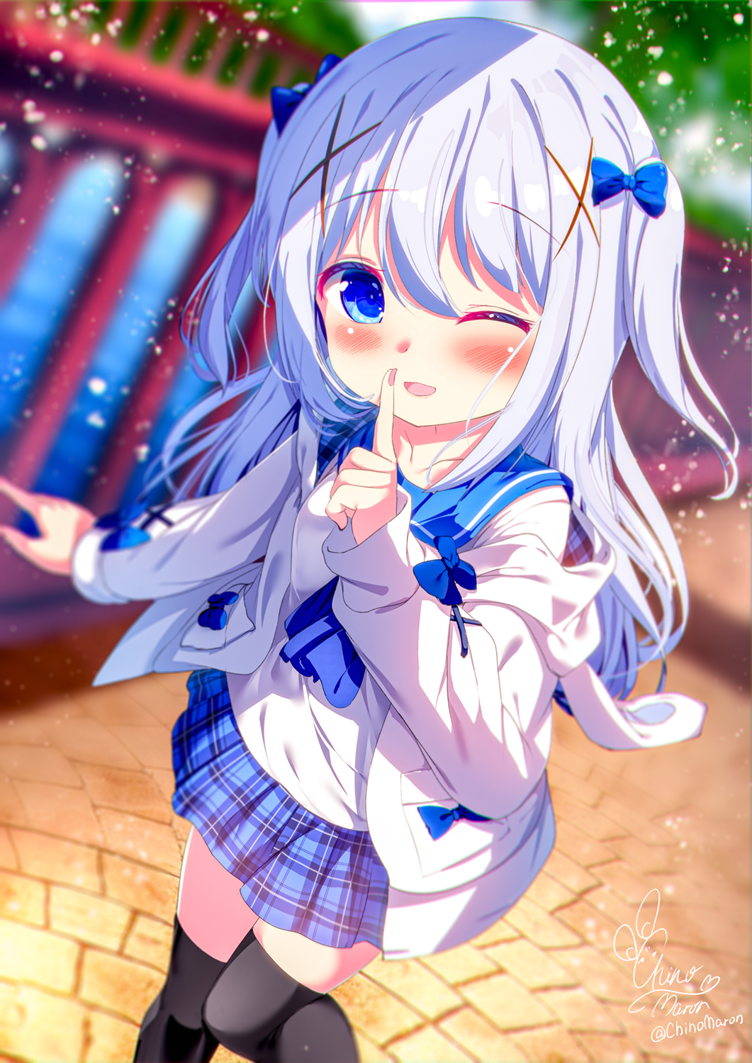 1girl artist_name black_thighhighs blue_bow blue_eyes blue_hair blue_skirt blurry blurry_background blush bow chinomaron collarbone day feet_out_of_frame fingernails gochuumon_wa_usagi_desu_ka? hair_between_eyes hair_bow hair_ornament highres index_finger_raised jacket kafuu_chino light_blue_hair long_hair long_sleeves looking_at_viewer one_eye_closed open_clothes open_jacket open_mouth outdoors plaid plaid_skirt pleated_skirt signature skirt smile solo thigh-highs twitter_username white_jacket x_hair_ornament
