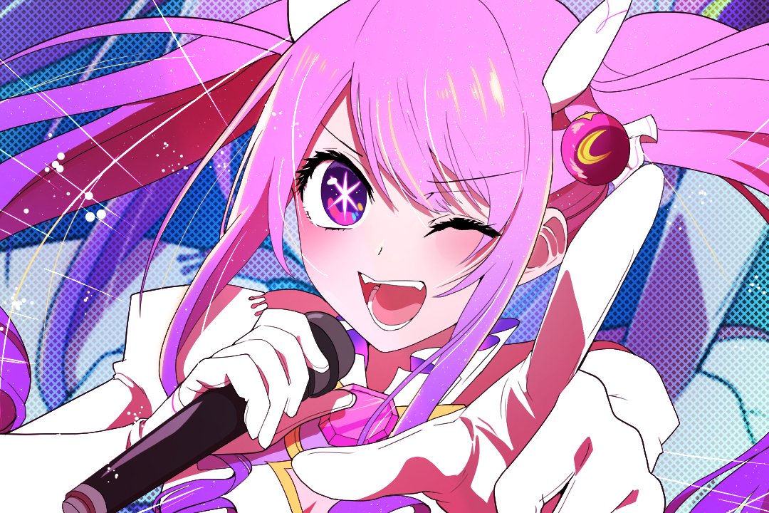 1girl aisha_landar blush elsword gloves hair_ornament holding holding_microphone idol magical_girl metamorphy_(elsword) microphone multicolored_hair multicolored_shirt one_eye_closed open_mouth oshi_no_ko pink_hair pointing pointing_at_viewer purple_hair purple_shirt scene_reference shirt sinoring smile solo star-shaped_pupils star_(symbol) symbol-shaped_pupils twintails violet_eyes white_gloves white_shirt