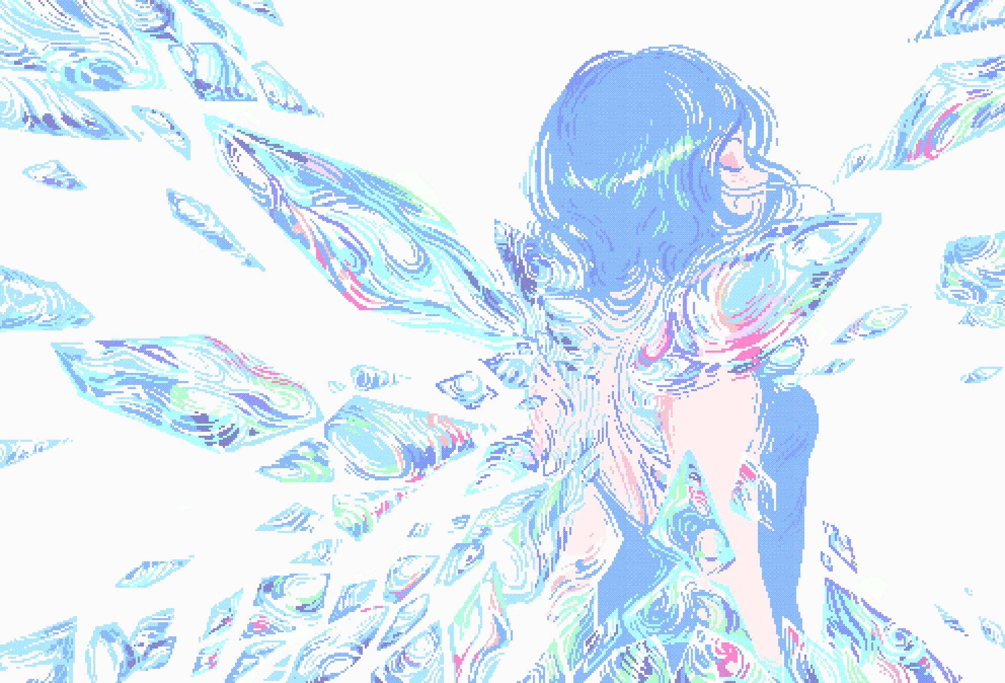 1girl adapted_costume arms_at_sides bare_shoulders blue_hair blue_theme blue_wings cirno closed_eyes covered_mouth cryokinesis crystal duplicate english_commentary from_behind grey_background highres ice ice_crystal ice_wings limited_palette loftyanchor no_lineart pixel-perfect_duplicate pixel_art short_hair sleeveless solo touhou u_u upper_body wings