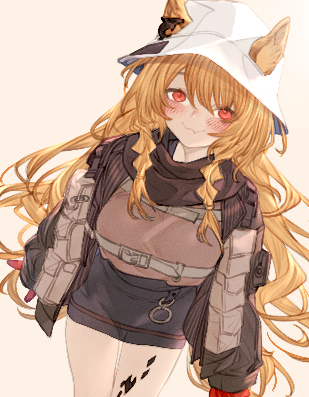 1girl animal_ear_fluff animal_ears arknights black_jacket black_skirt blush braid breasts brown_background brown_hair brown_shirt ceobe_(arknights) closed_mouth commentary_request dog_ears ears_through_headwear fang fang_out gloves hair_between_eyes highres jacket kochiya_(gothope) long_hair long_sleeves looking_at_viewer medium_breasts open_clothes open_jacket oripathy_lesion_(arknights) red_eyes red_gloves shirt simple_background skirt sleeves_past_wrists solo standing twin_braids very_long_hair white_headwear
