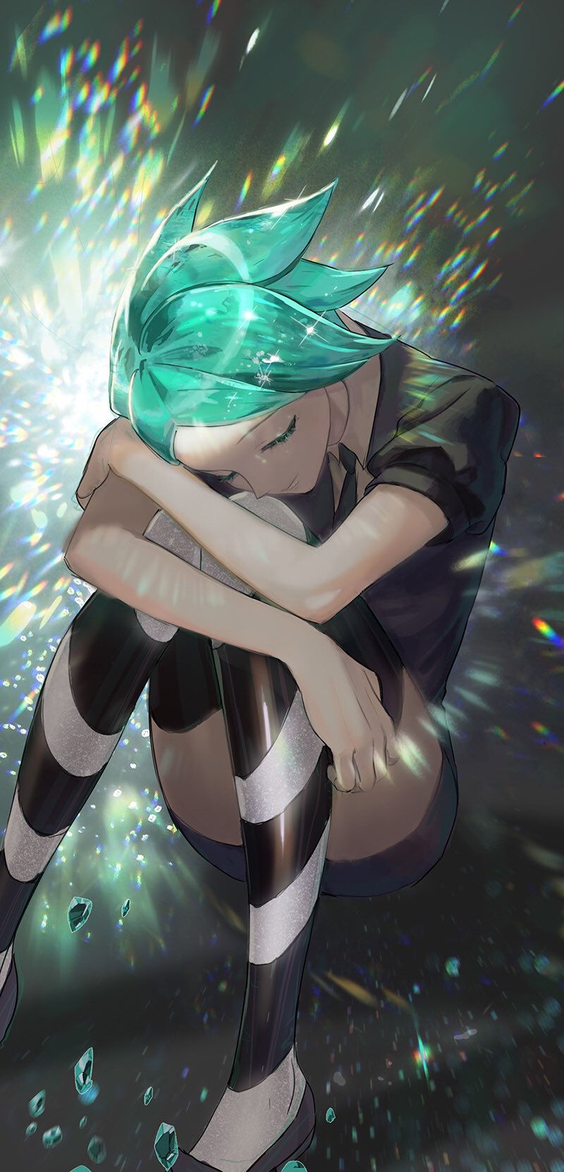1other black_necktie closed_eyes closed_mouth collared_shirt commentary_request feet_out_of_frame green_hair highres houseki_no_kuni imam_(oozlo) knees_up korean_commentary necktie phosphophyllite shirt short_hair short_sleeves solo tagme