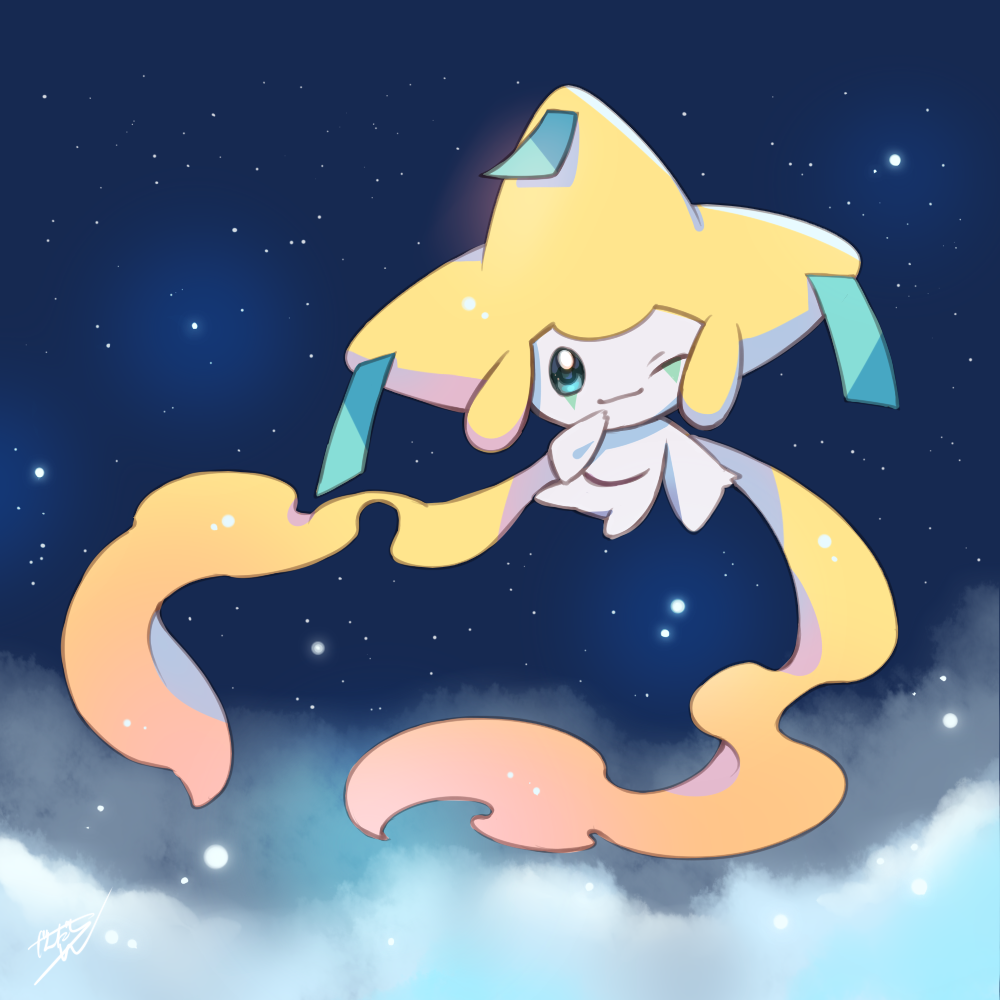 ;) above_clouds closed_mouth clouds commentary_request full_body green_eyes hand_up jandara_rin jirachi looking_at_viewer night no_humans one_eye_closed outdoors pokemon pokemon_(creature) signature sky smile solo star_(sky)